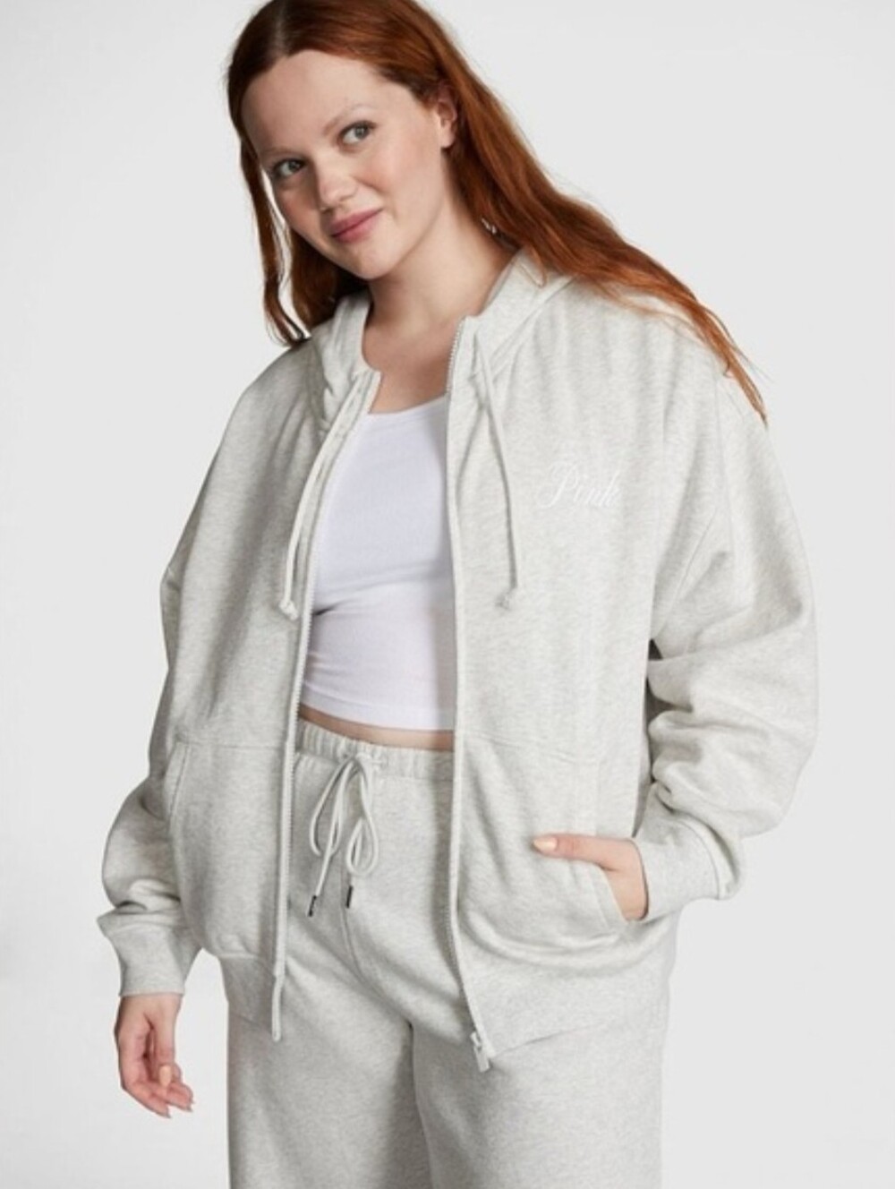 PINK Victoria's Secret Ivy Fleece Campus Full-Zip Hoodie Heather Grey